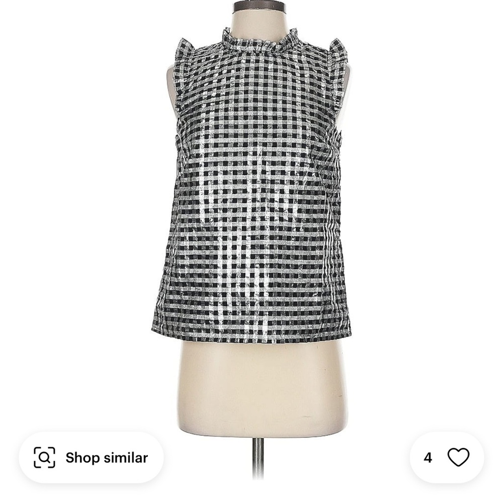NWT JCrew Black & Silver metallic gingham sleeveless tank with ruffle trim